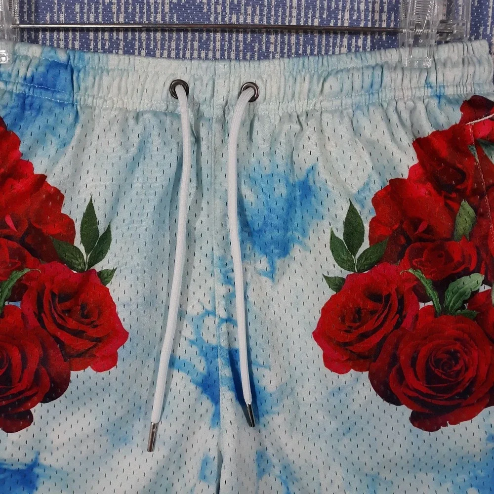 YoungLA Shorts Mens Large Athletic Elastic Waist Blue Red Roses Floral